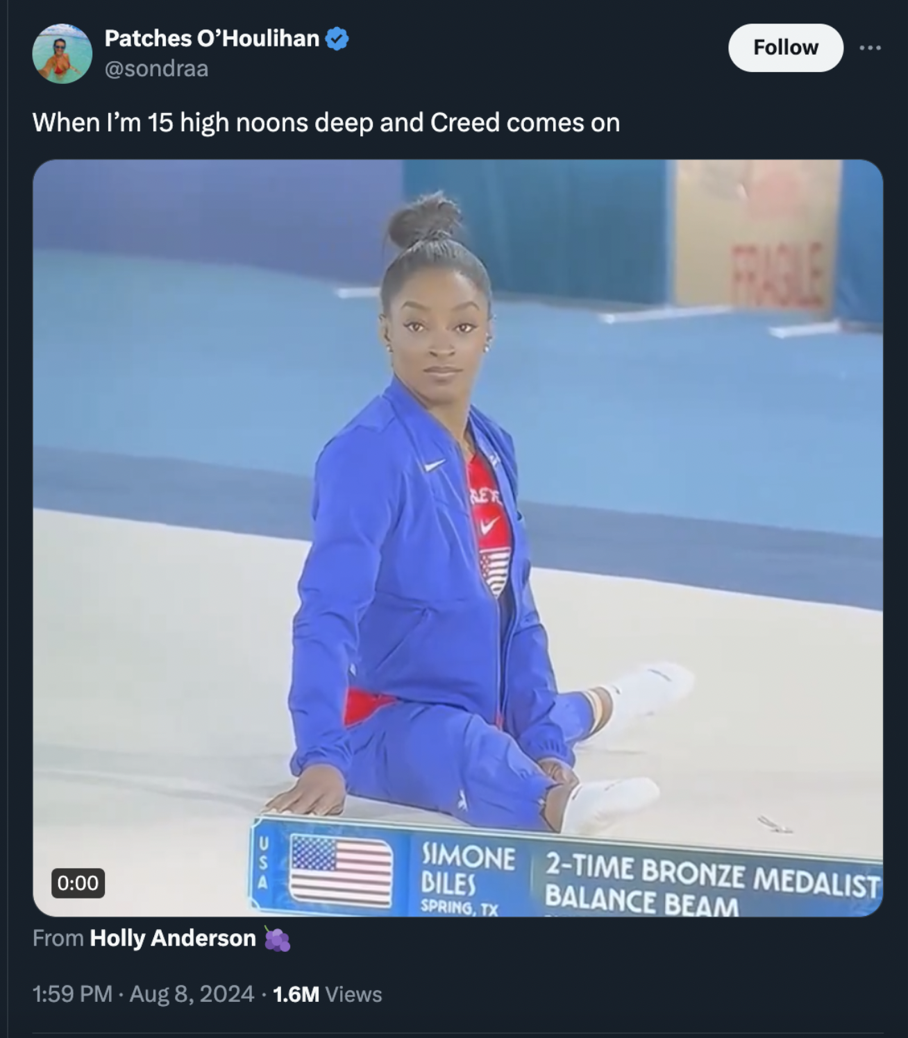 Music - Patches O'Houlihan When I'm 15 high noons deep and Creed comes on From Holly Anderson 1.6M Views Fragile Simone Diles 2Time Bronze Medalist Balance Beam Spring, Tx